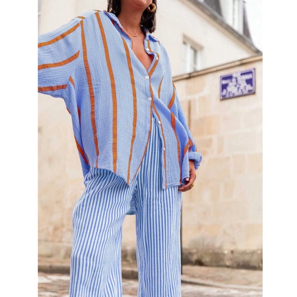 Blue Striped Oversized Button Down Shirt Long Sleeve - Picture 2 of 6